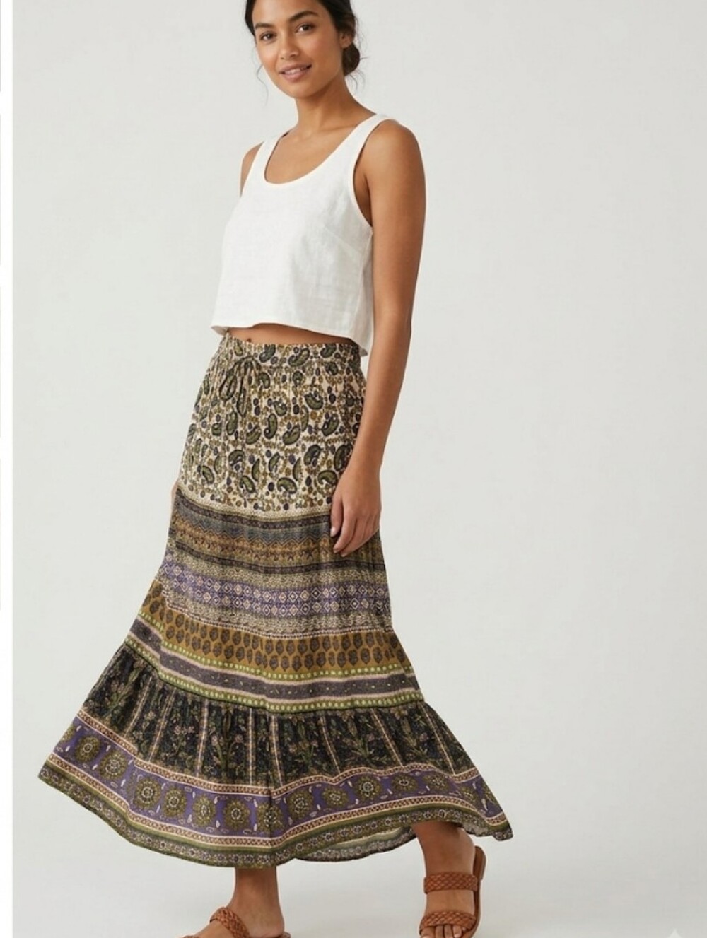 Earthbound Trading Co Paisley Tiered Boho Maxi Skirt Small Floral Drawstring S